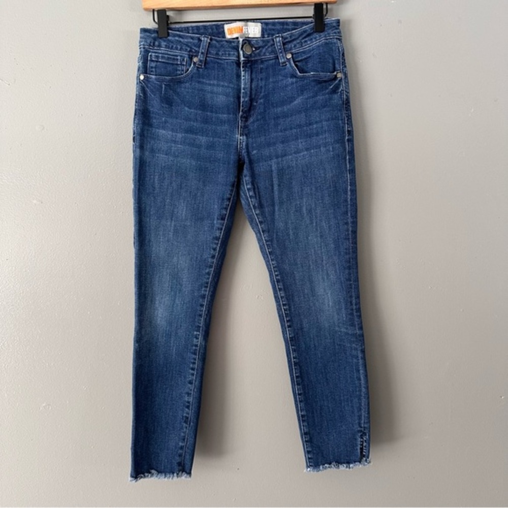 Denim Fever Mid-Rise Frayed Hem Skinny Jean with Ankle Slits | Medium Wash